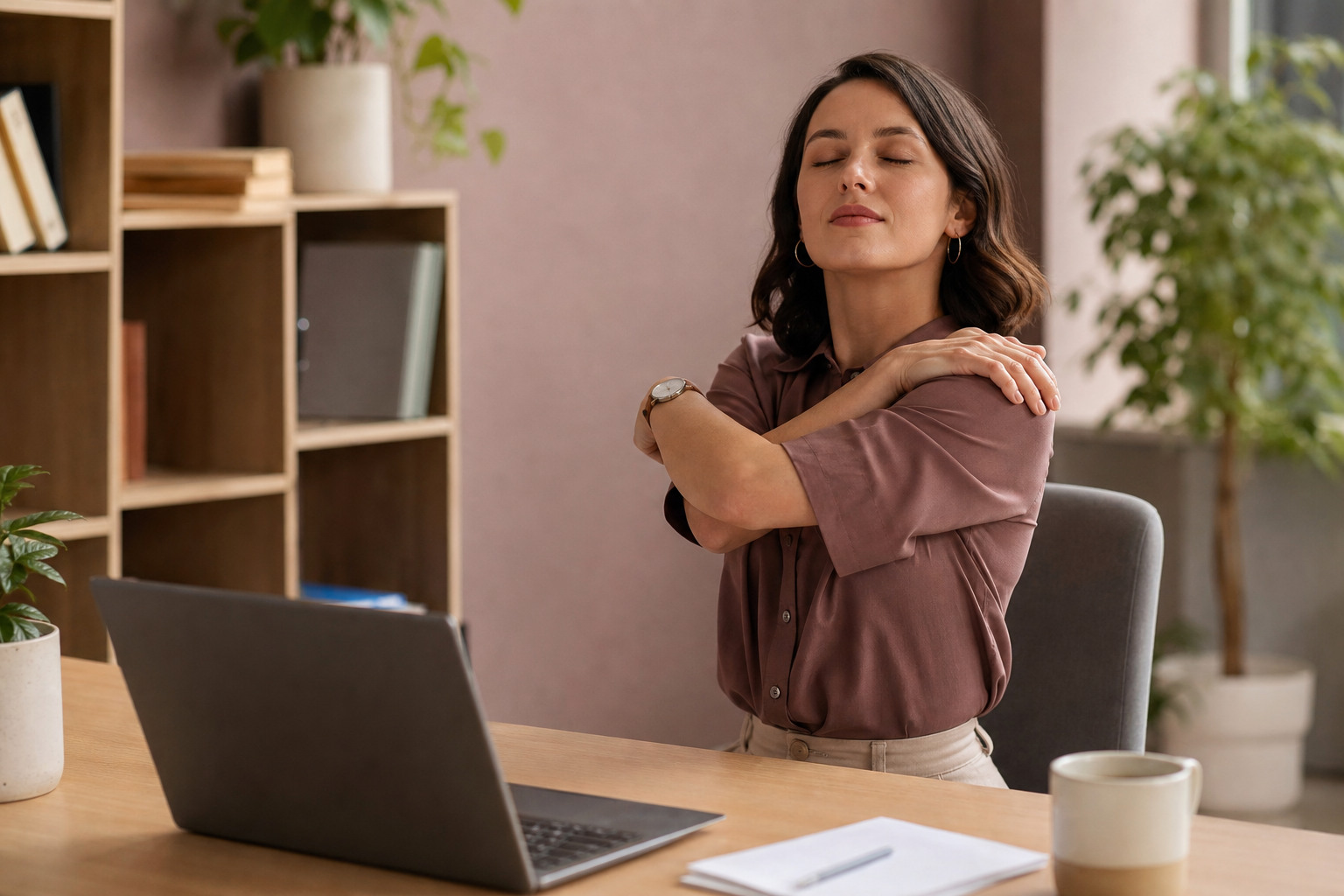 Drainrefine office worker stretching at desk